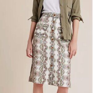 Anthropologie Maeve Printed White Button Front Skirt